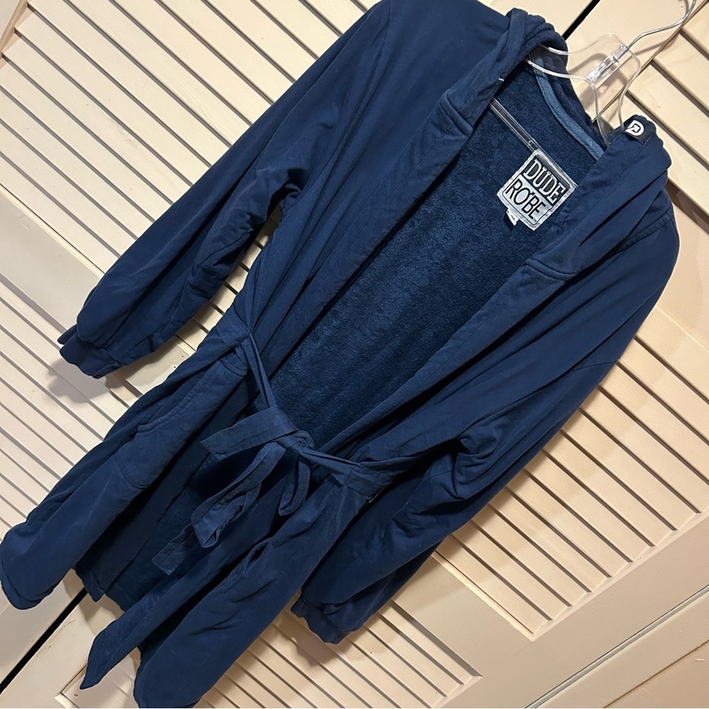 DUDE ROBE - S/M Navy Blue Bathrobe Belted Terry Cloth Luxury Hooded Loungewear